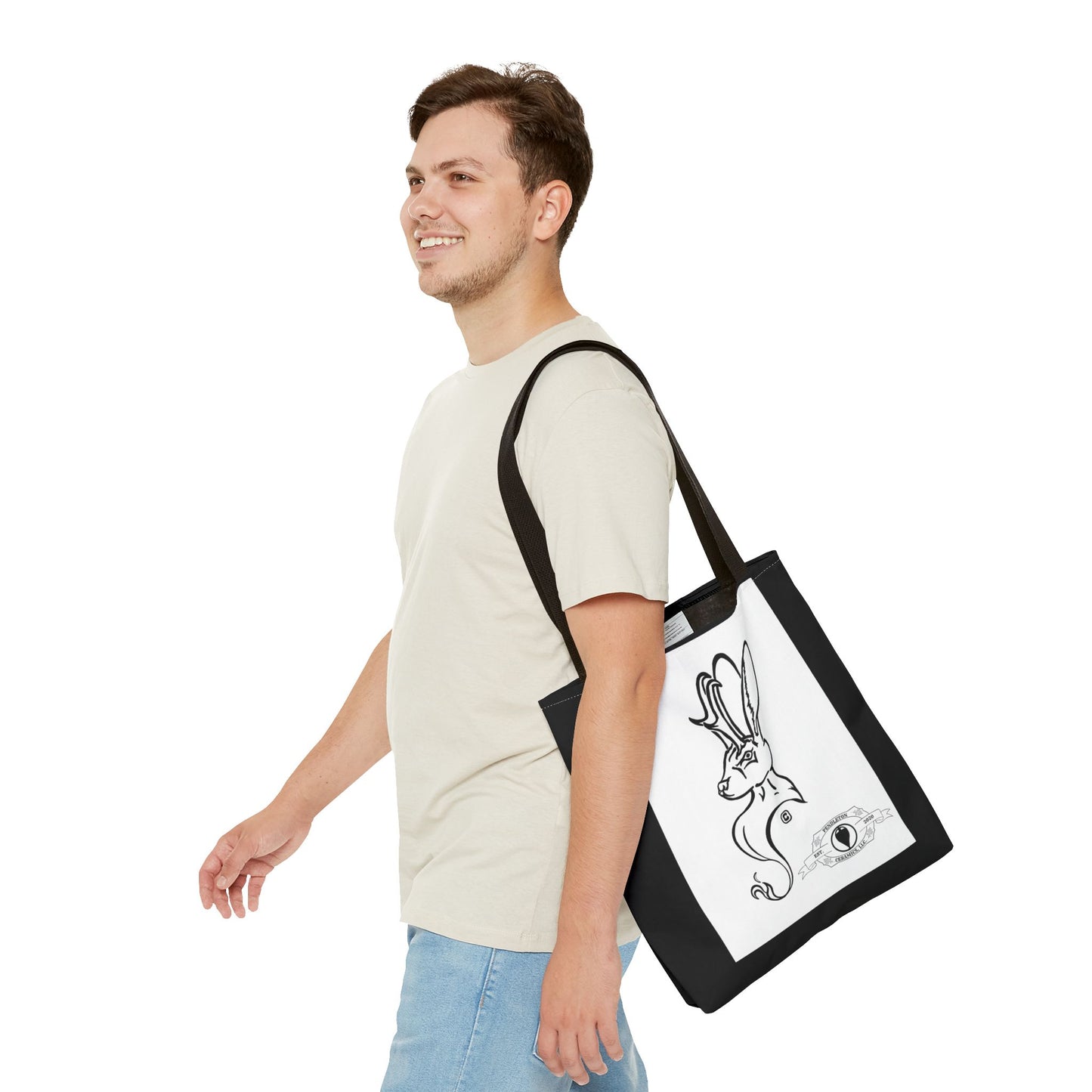 Jackalope Bust Drawing Tote Bag with Black Stripe