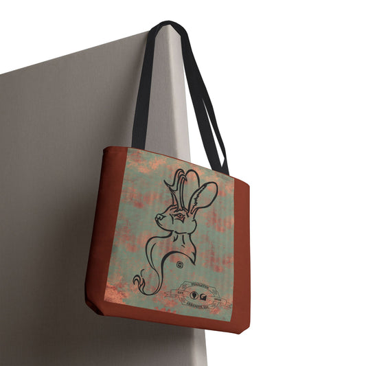 Copper Metal Jackalope Bust Drawing Tote Brown Bag