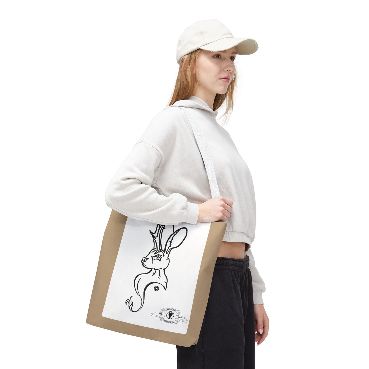 Jackalope Bust Drawing Tote Bag with Tan Stripe