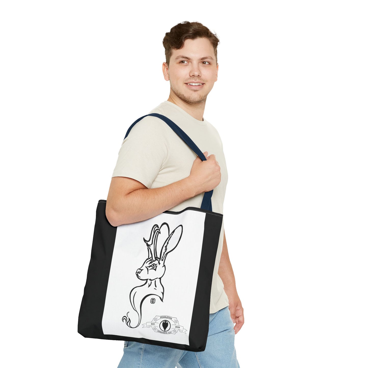 Jackalope Bust Drawing Tote Bag with Black Stripe