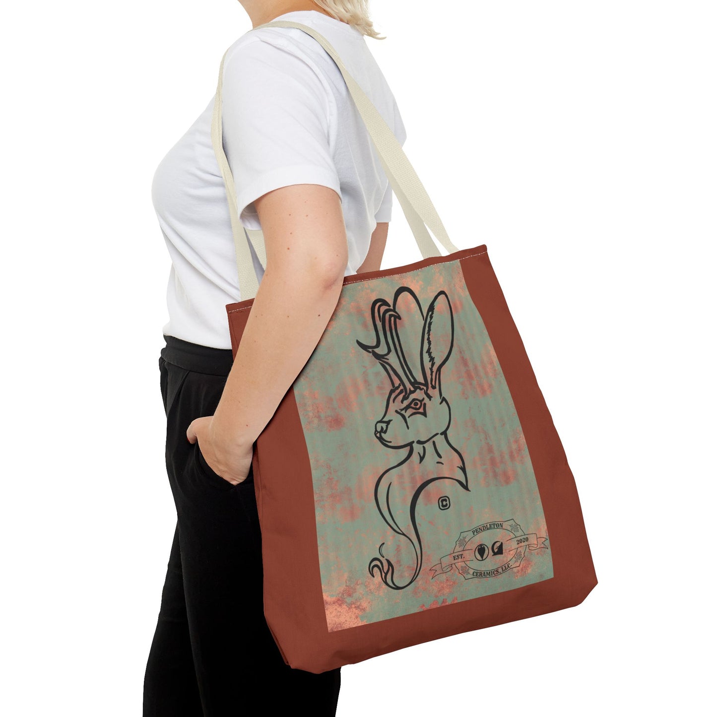 Copper Metal Jackalope Bust Drawing Tote Brown Bag