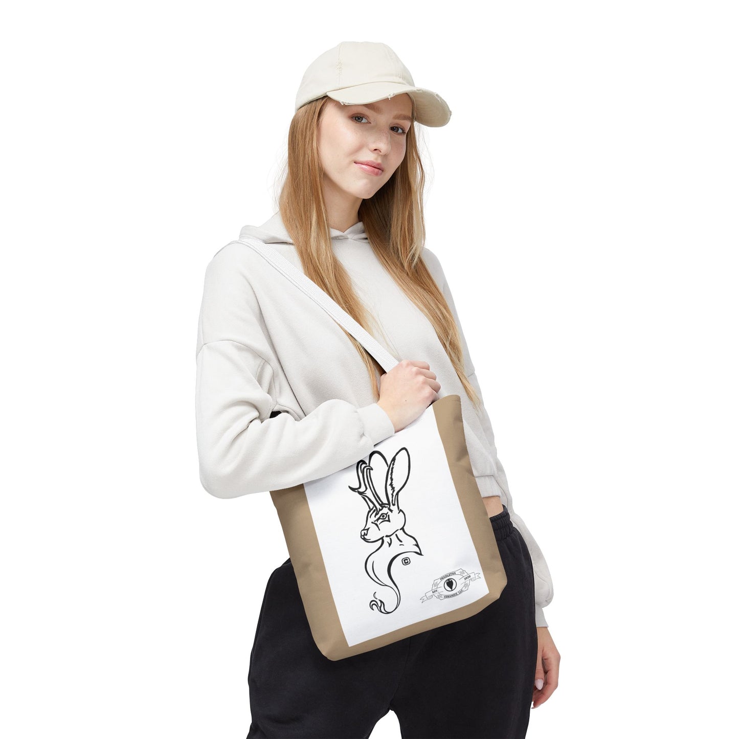 Jackalope Bust Drawing Tote Bag with Tan Stripe